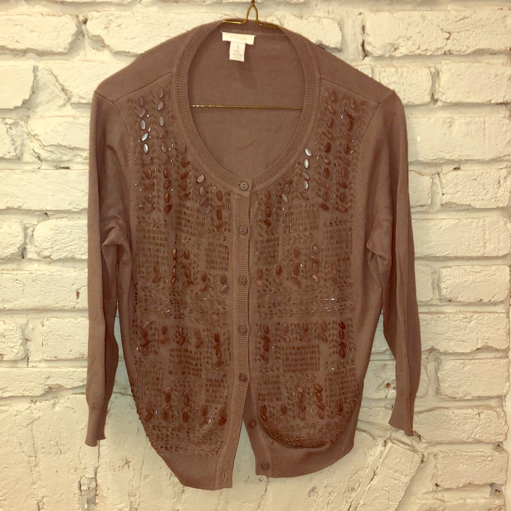 Chico’s taupe/grey beaded cardigan